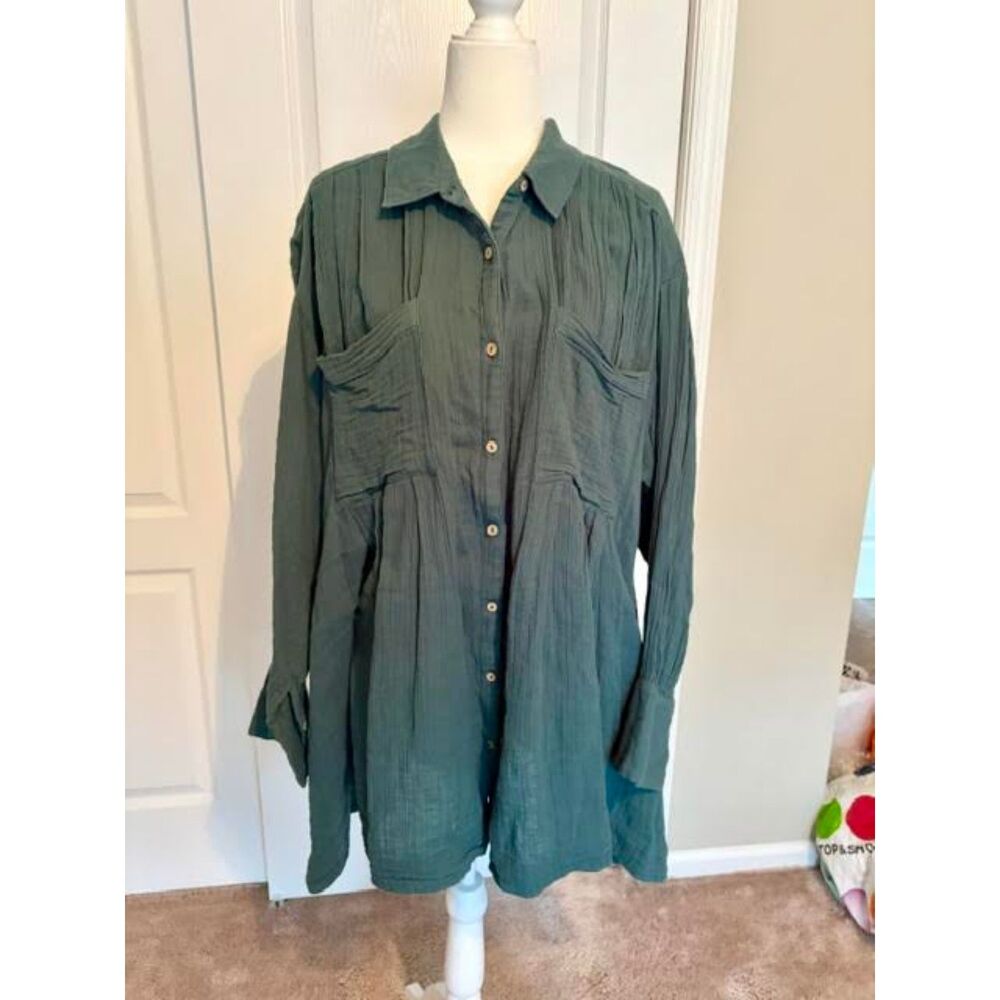 Free People Green Voyager Gauzy Shirtdress Large Tunic Oversized Boho Cotton